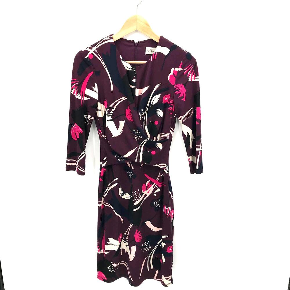 ELIZA J Puple Ruched Sheath Dress Scoop Neck Midi 3/4 Sleeve // 2